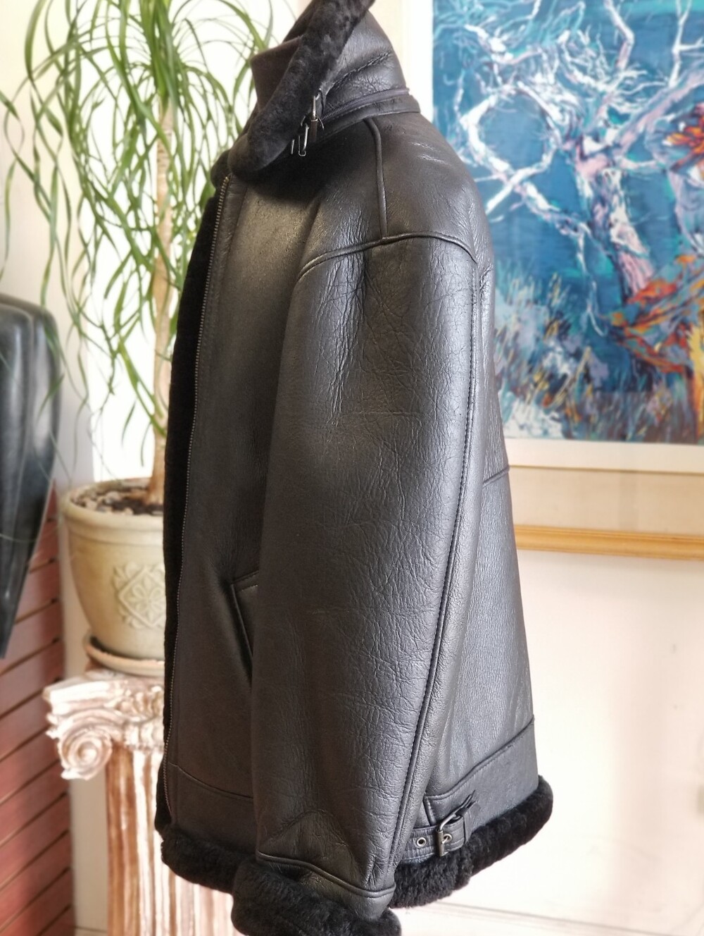 Men's Black Shearling Bomber Jacket - Picture 7 of 11